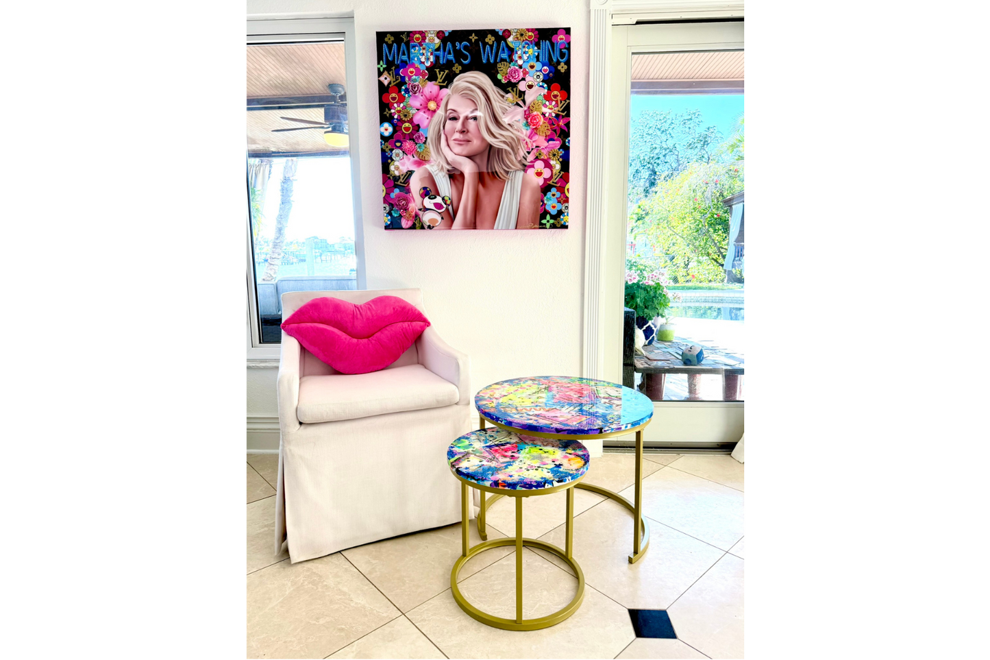 Nesting Tables with Neon Colors and Gold Base