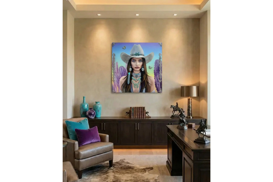 Decorative interior with a painting of a woman in a cowboy hat on a wall above a desk.