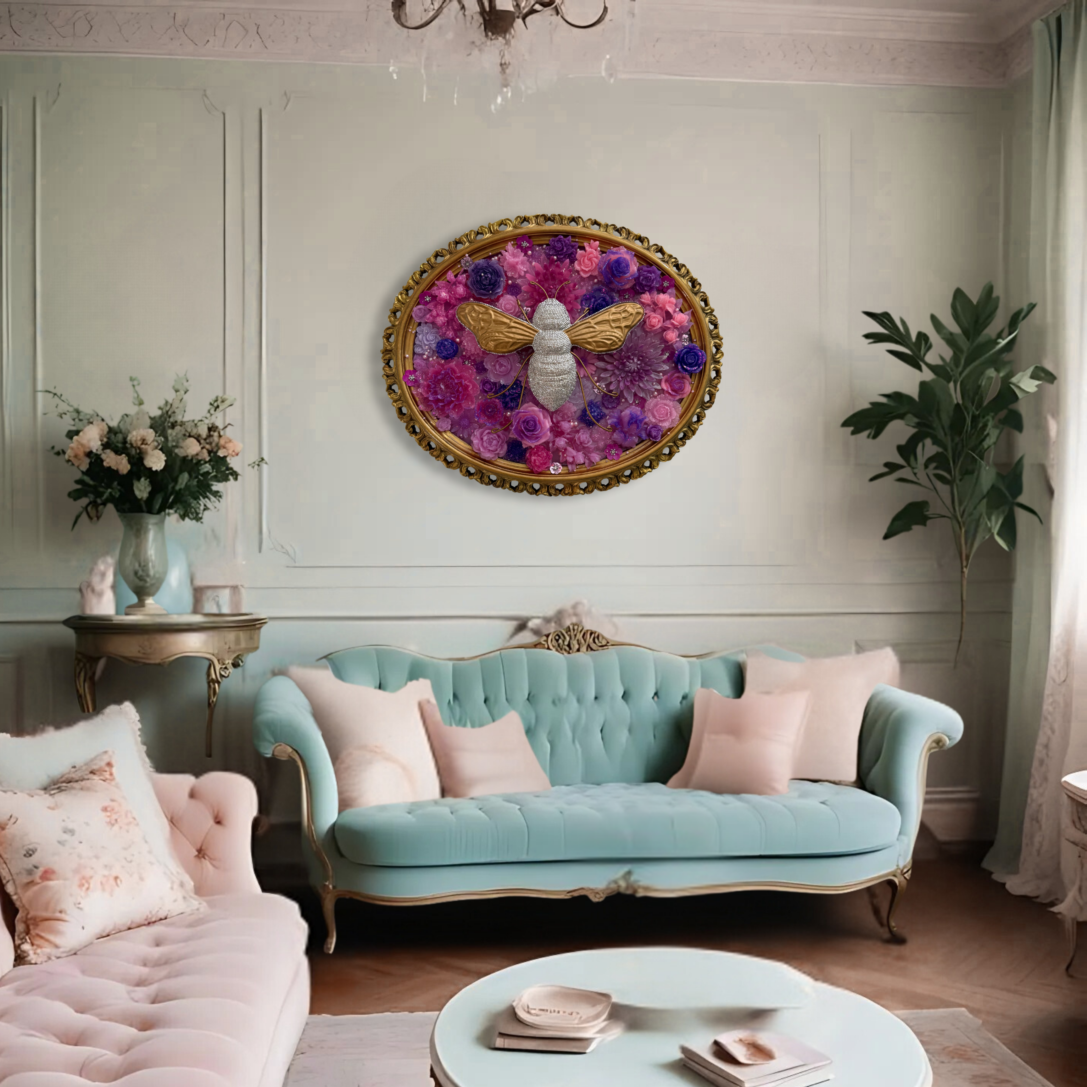 Rhinestone Bee with Flowers (Oval Frame)