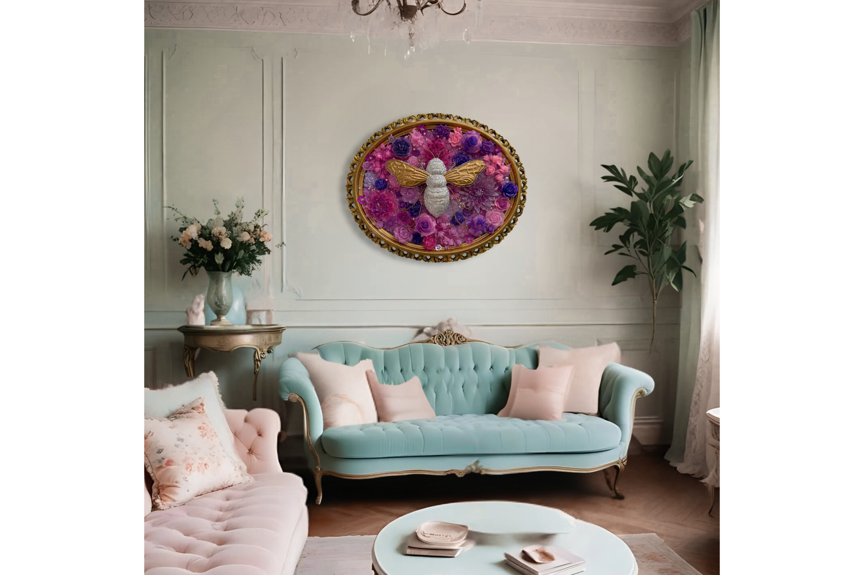 Rhinestone Bee with Flowers (Oval Frame)